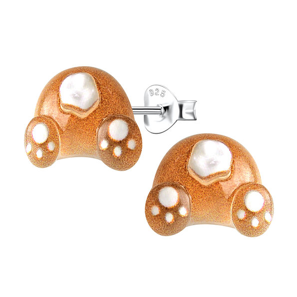 Silver Stud Earrings with Resin Bear Bum - 22774