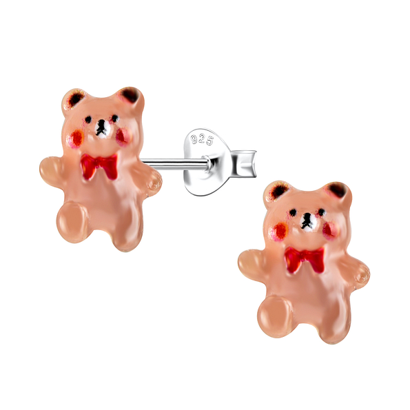Silver Stud Earrings with Resin Bear - 22777