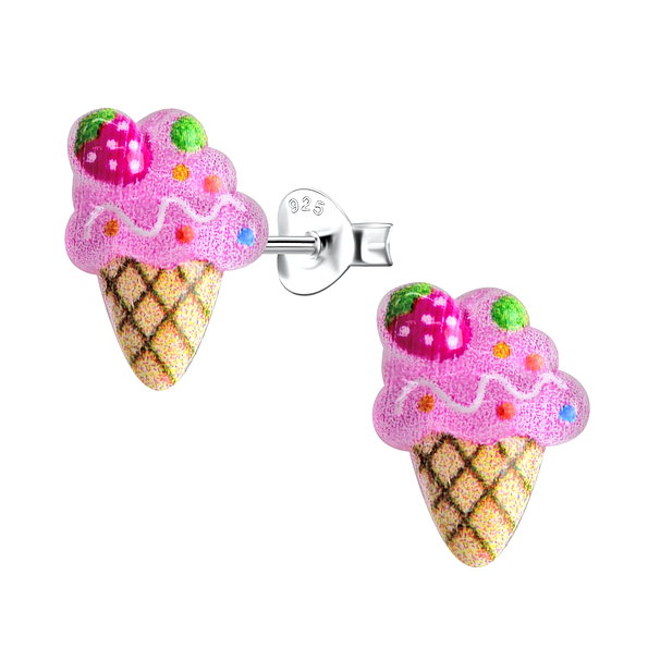 Silver Stud Earrings with Resin Ice Cream - 22780