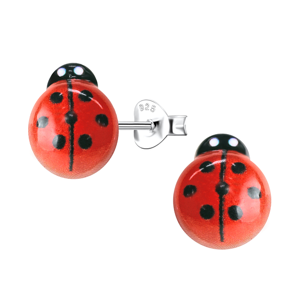 Silver Stud Earrings With Resin Ladybug - 22781 Silver Stud Earrings With Resin Ladybug - 22781