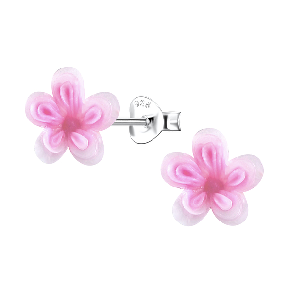 Silver Stud Earrings with Resin Flower - 22790