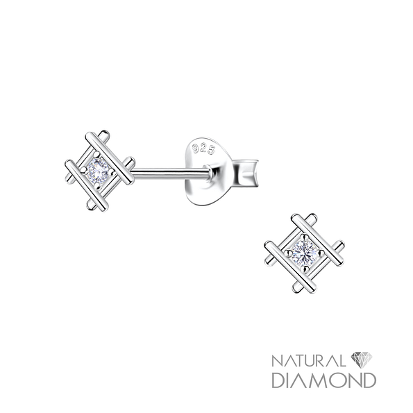 Silver Square Stud Earrings With Natural Diamond - 22680 Silver Square Stud Earrings With Natural Diamond - 22680
