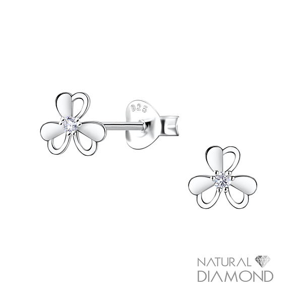Silver Flower Stud Earrings With Natural Diamond - 22692 Silver Flower Stud Earrings With Natural Diamond - 22692