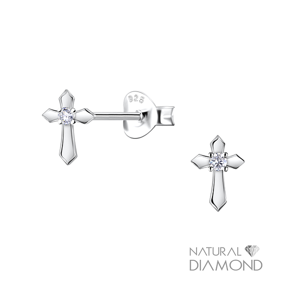 Silver Cross Stud Earrings With Natural Diamond - 22694 Silver Cross Stud Earrings With Natural Diamond - 22694