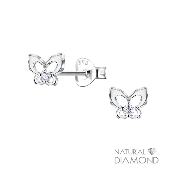 Silver Butterfly Stud Earrings With Natural Diamond - 22700 Silver Butterfly Stud Earrings With Natural Diamond - 22700