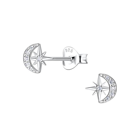 Silver Moon and Starburst Stud Earrings - 22405