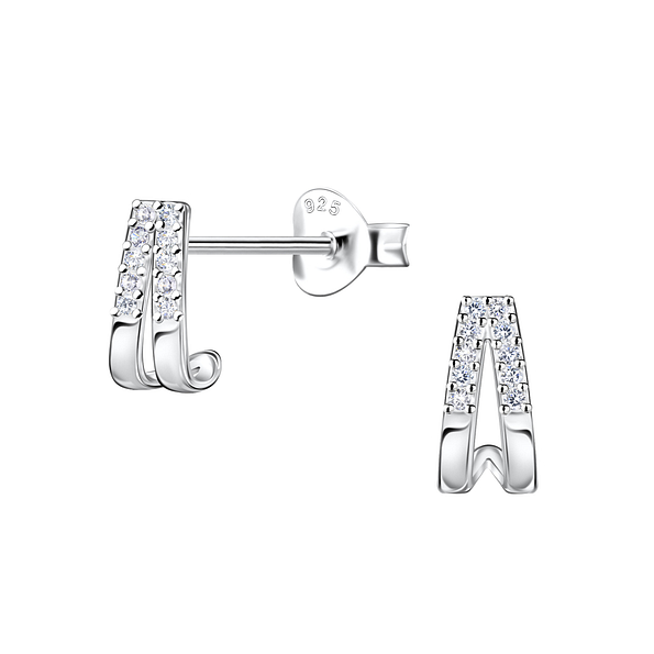 Silver Double Line Half Hoop Stud Earrings  - 22423