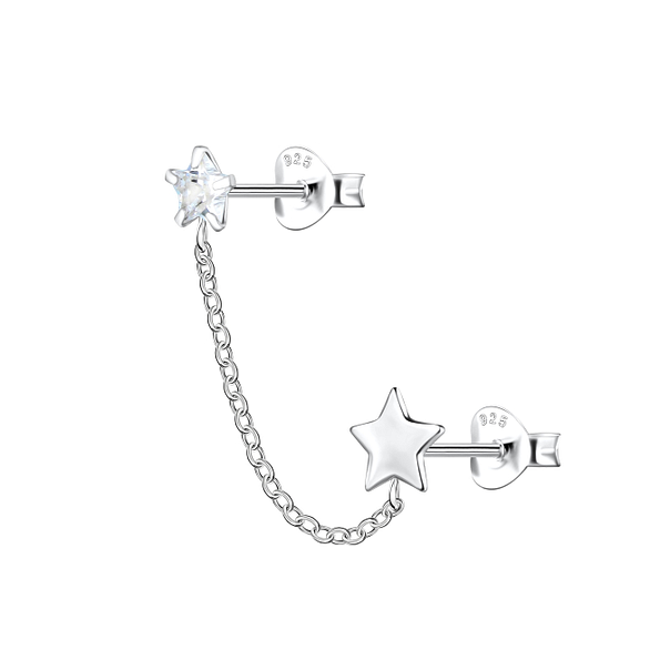 Silver Star Double Stud Earrings with Chain - 22458
