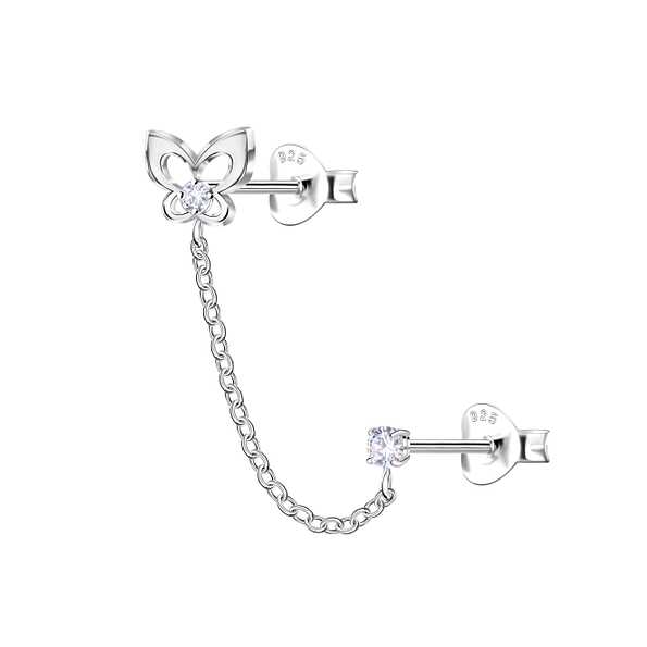 Silver Butterfly Double Stud Earrings with Chain - 22459