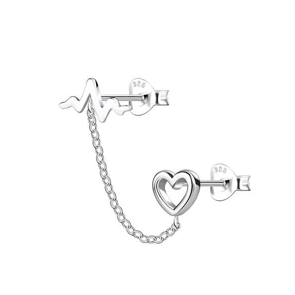 Silver Heart Double Stud Earrings with Chain - 22460 Silver Heart Double Stud Earrings with Chain - 22460