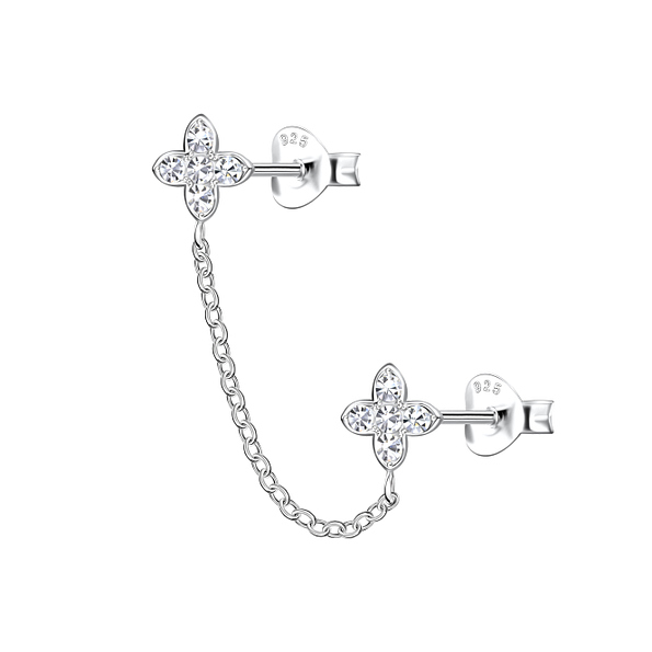 Silver Star Double Stud Earrings with Chain - 22462
