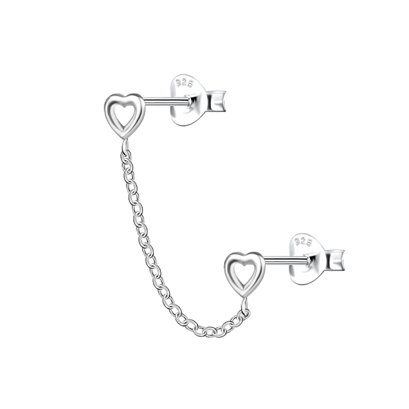 Silver Heart Double Stud Earrings with Chain - 22464
