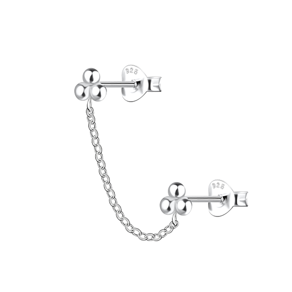 Silver Ball Double Stud Earrings with Chain - 22465 Silver Ball Double Stud Earrings with Chain - 22465