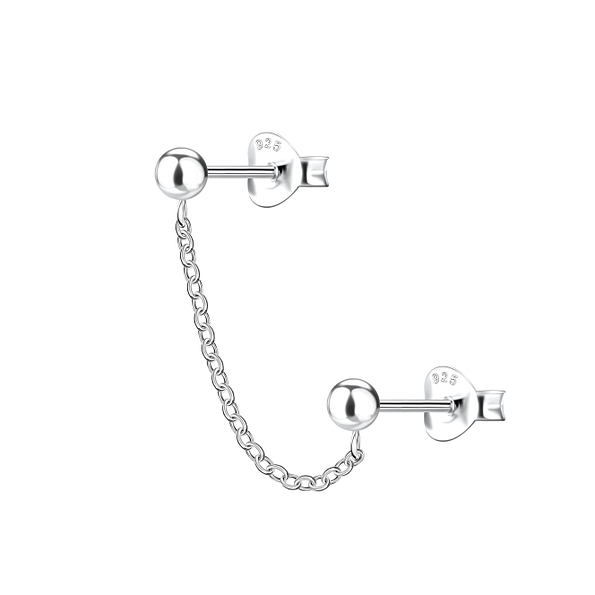 Silver Ball Double Stud Earrings with Chain - 22466