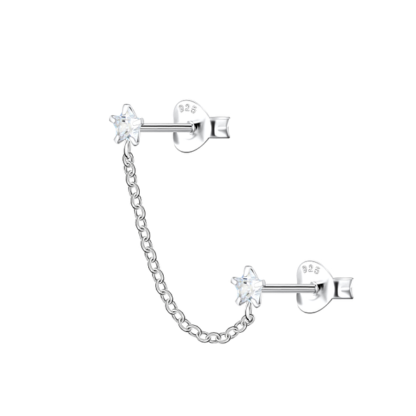 Silver Star Double Stud Earrings with Chain - 22471