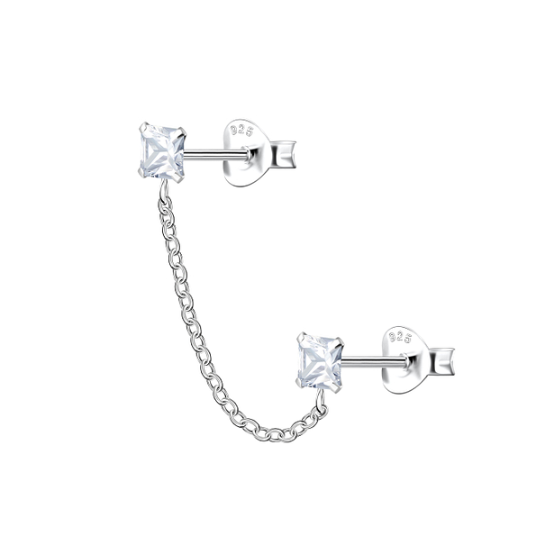 Silver Square Double Stud Earrings with Chain - 22472