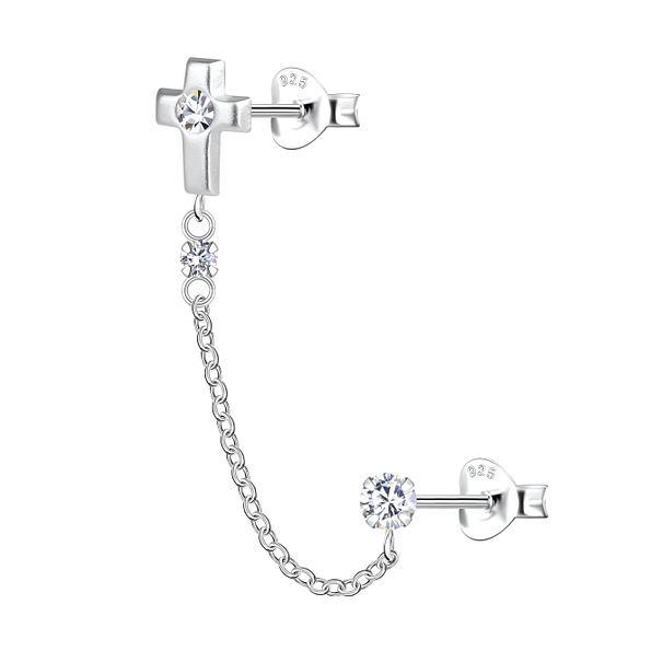 Silver Cross Double Stud Earrings with Chain - 22481