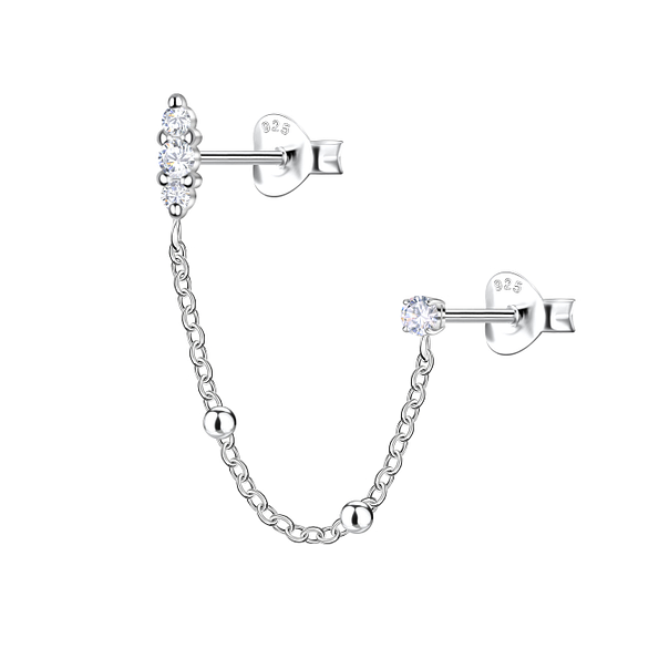 Silver Double Stud Earrings with Ball Chain - 22482