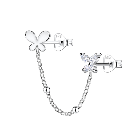 Silver Butterfly Double Stud Earrings with Chain - 22483