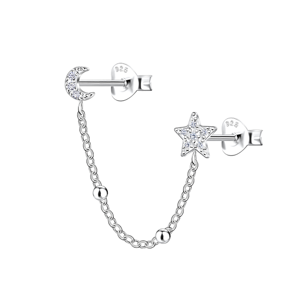 Silver Moon and Star Double Stud Earrings with Ball Chain - 22484