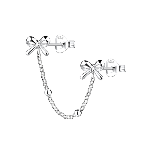Silver Double Bow Stud Earrings with Ball Chain - 22486