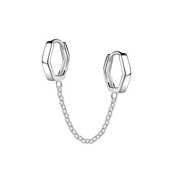11mm Silver Double Geometric Huggie Earrings with Chain - 22566