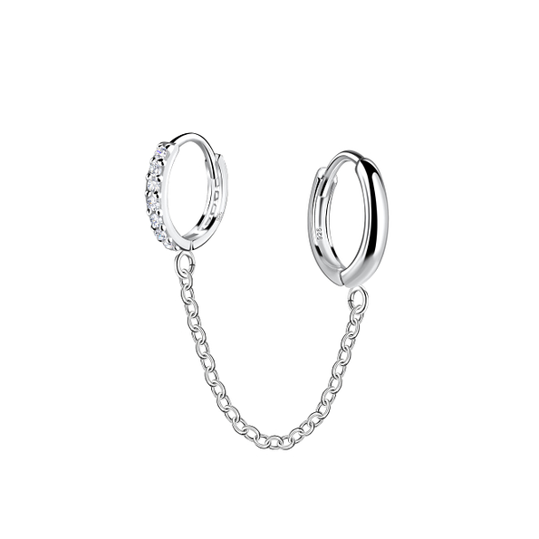 11mm Silver Double Huggie Earrings with Chain - 22573