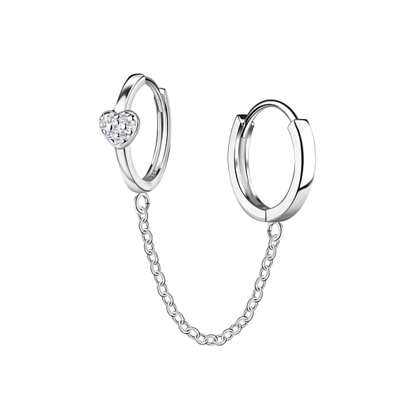Silver Heart Double Huggie Earrings with Chain - 22575