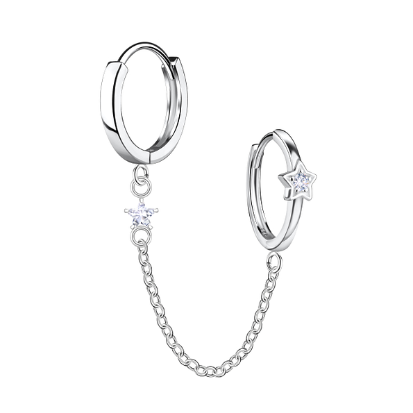 Silver Star Double Huggie Earrings with Chain - 22580