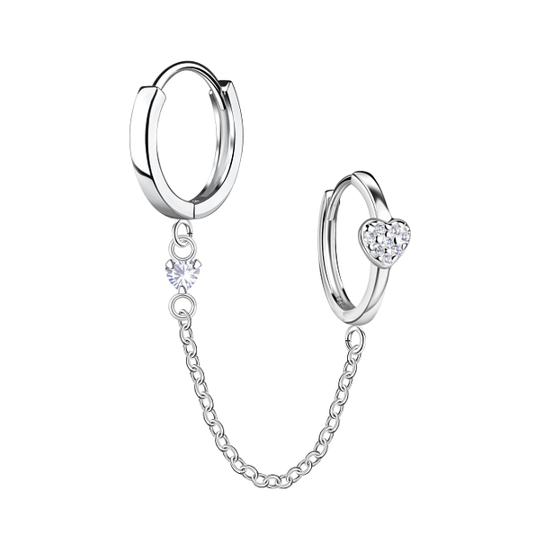 Silver Heart Double Huggie Earrings with Chain - 22582