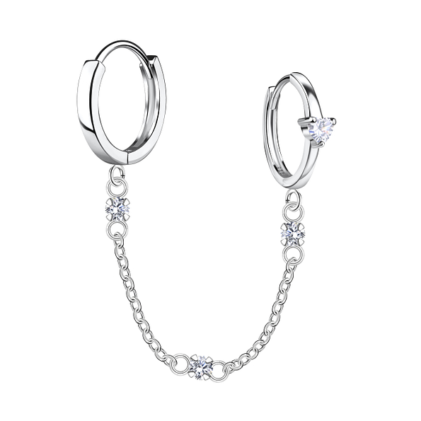Silver Heart Double Huggie Earrings with Chain - 22588