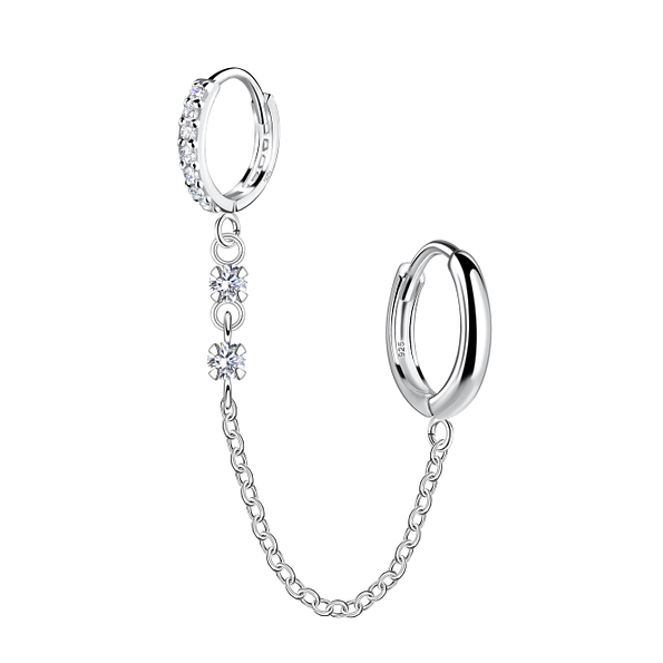 11mm Silver Double Huggie Earrings with Chain - 22590