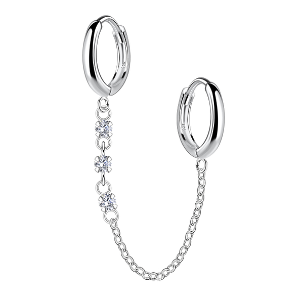 Silver Double Huggie Earrings with Chain - 22591