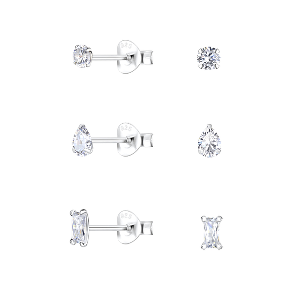 Silver Cubic Zirconia Stud Earrings Set - 22847
