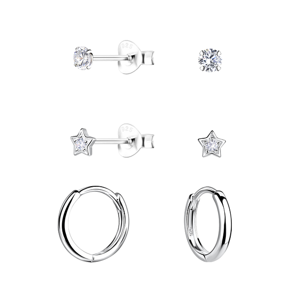 Silver Star Stud and Huggie Earrings Set - 22854