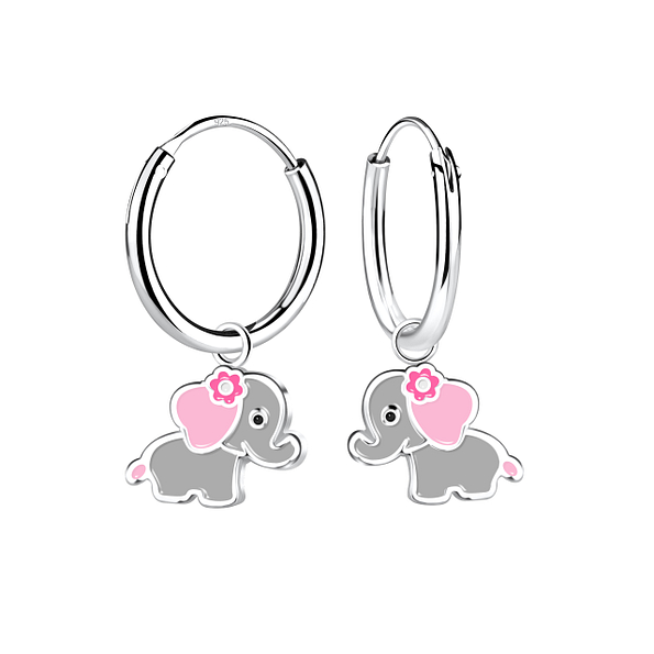 Silver Elephant Charm Hoop Earrings - 22945