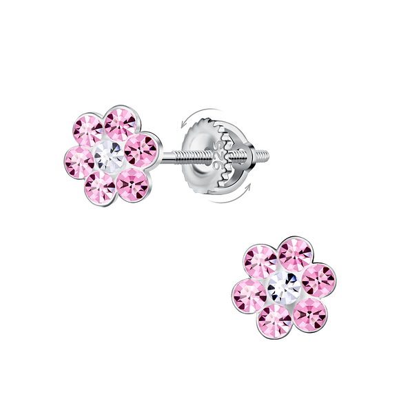Silver Flower Crystal Screw Back Earrings - 23184