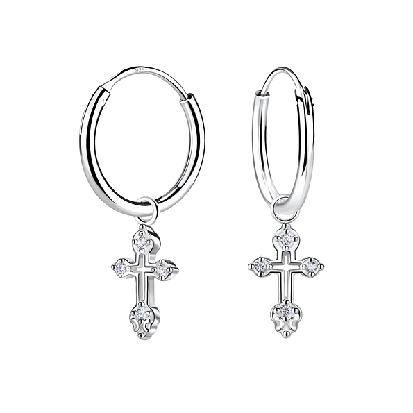 Silver Cross Charm Hoop Earrings - 23139