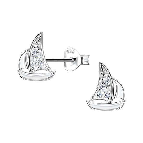 Silver Sailboat Stud Earrings - 23259