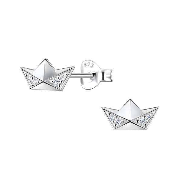 Silver Origami Boat Stud Earrings - 23267