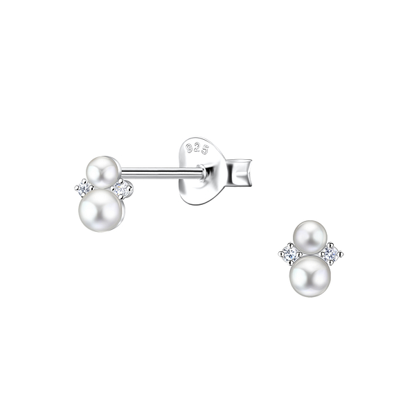 Silver Geometric Stud Earrings with Pearl - 23289