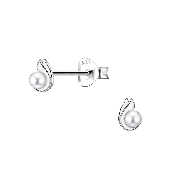 Silver Swirl Stud Earrings With Pearl - 23296