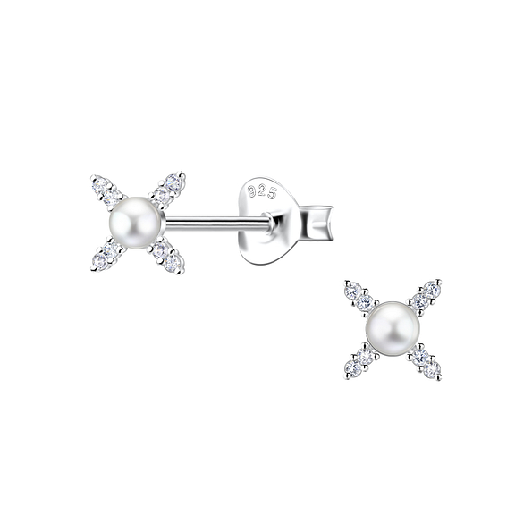 Silver Cross Stud Earrings with Pearl - 23306