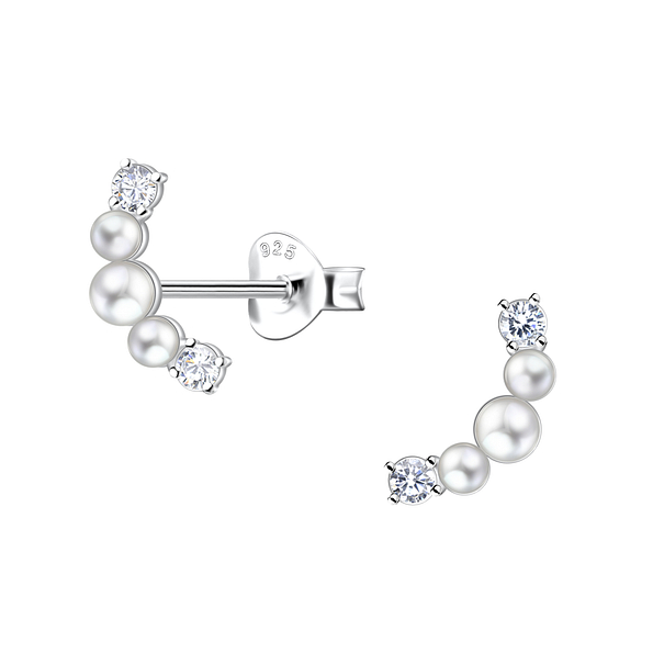 Silver Curved Stud Earrings with Pearl - 23322