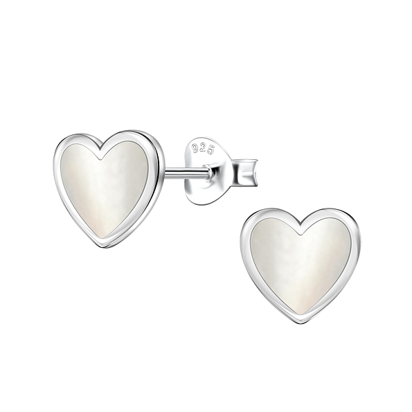Silver Heart Stud Earrings with MOP Shell - 23457