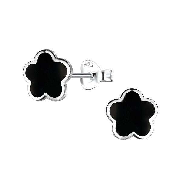 Silver Flower Stud Earrings with Synthetic Black Onyx - 23458