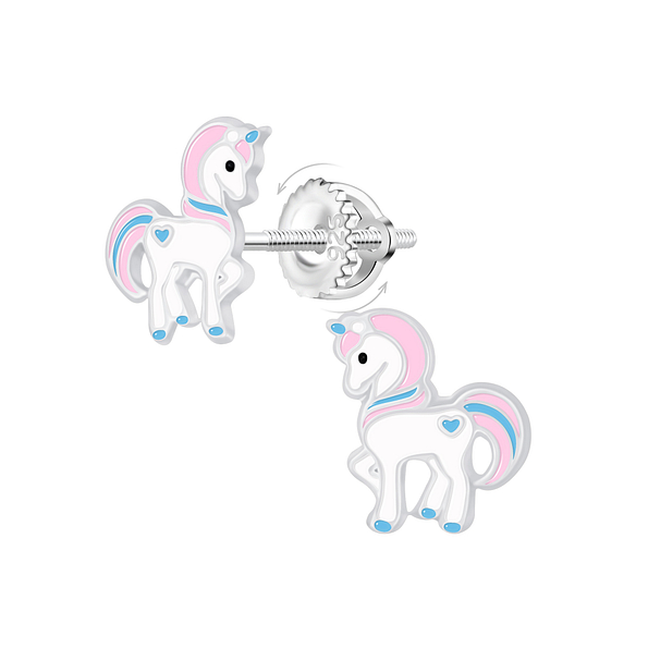 Silver Unicorn Screw Back Earrings - 23466