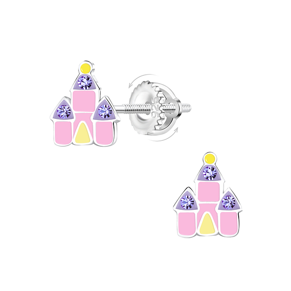 Silver Castle Screw Back Earrings - 23473
