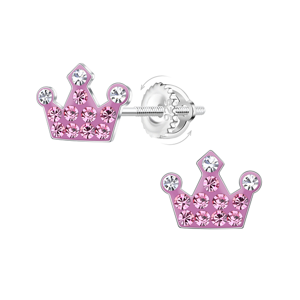 Silver Crown Screw Back Earrings - 23475
