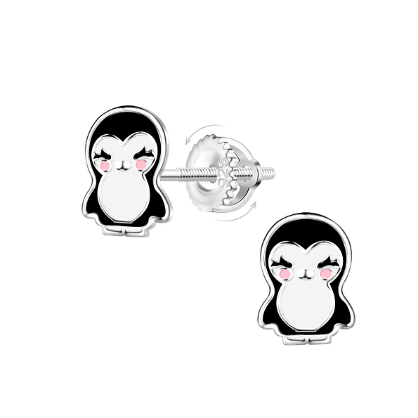 Silver Penguin Screw Back Earrings - 23479